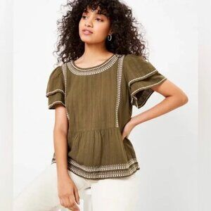 Loft Flutter Sleeve Embroidered Peplum Top (Green)